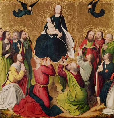 Die Jungfrau in Herrlichkeit mit den Aposteln, zentrales Panel eines Triptychons, spätes 15. Jahrhundert (Panel) von Master of the Lyversberg Passion